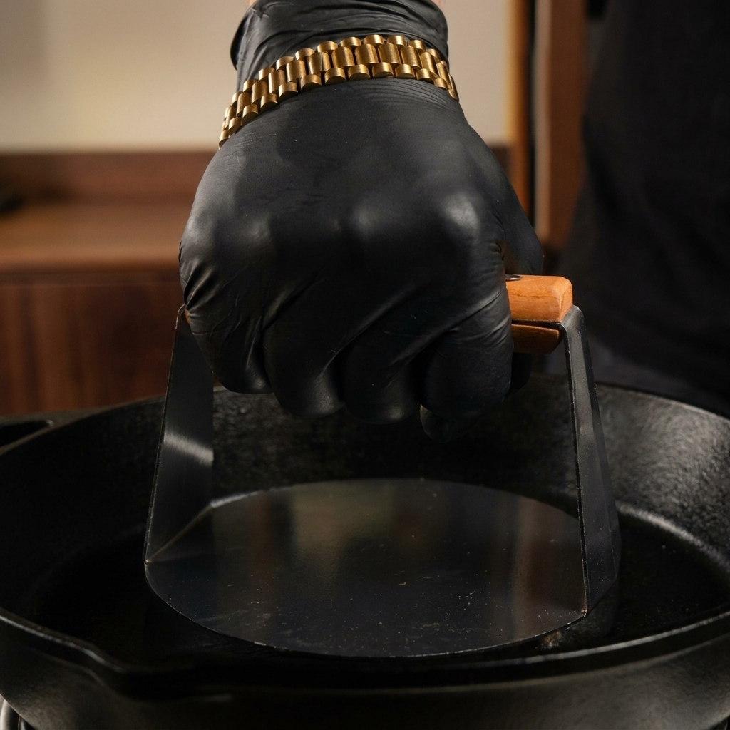 Una mano con guanto che usa una pesante pressa di metallo per appiattire una polpetta di carne macinata su una padella di ghisa rovente.