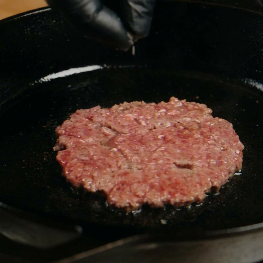 Una mano che cosparge sale e pepe nero su un hamburger schiacciato in cottura in una padella di ghisa.