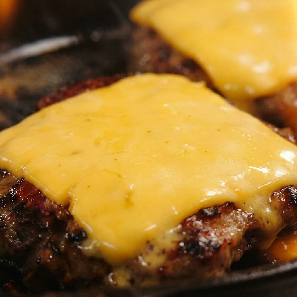 Primo piano di una fetta quadrata di cheddar giallo perfettamente fuso che ricopre un hamburger rosolato.