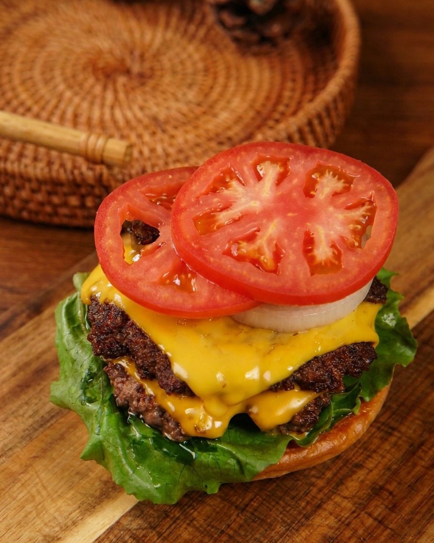 Due fette di pomodoro rosso e cipolle bianche a fette in cima a una pila di triple cheeseburger.