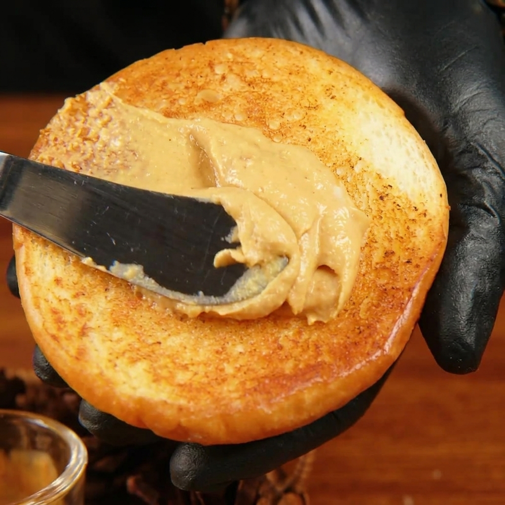 Una mano con un guanto nero che tiene un panino da hamburger tostato e dorato mentre una spatola stende uno spesso strato di salsa arancione cremosa allinterno.