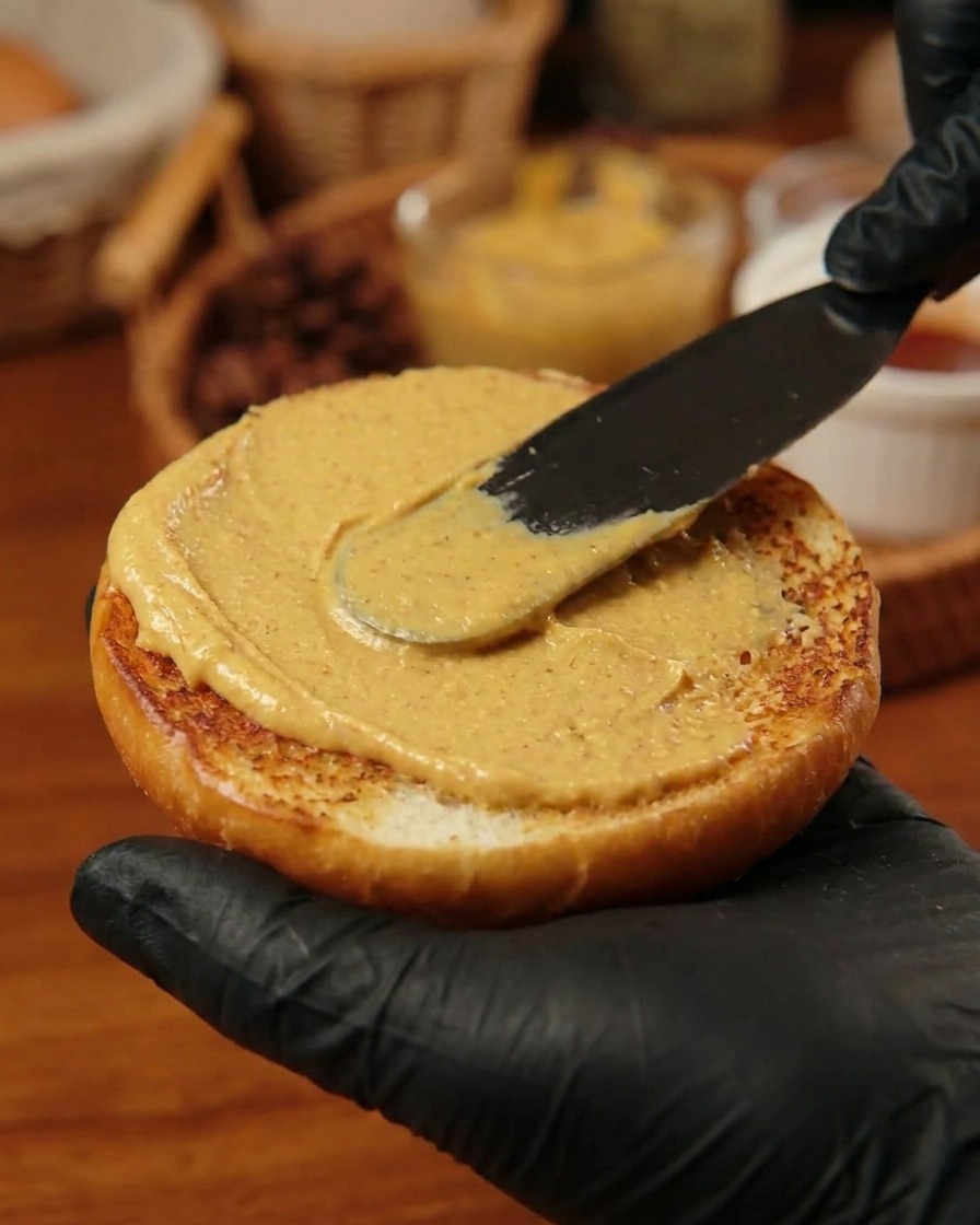 Un altissimo hamburger completamente assemblato e fissato con uno stecchino di legno infilato dritto attraverso il panino superiore.
