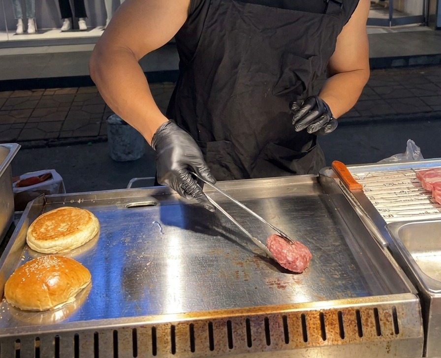 Un patty di manzo crudo viene posizionato su una piastra rovente in acciaio inox usando delle pinze metalliche.