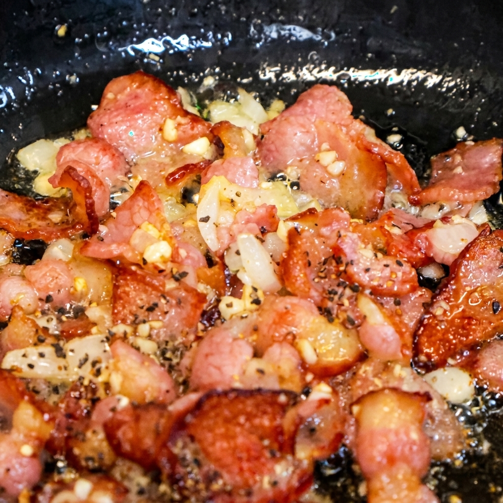 Un primo piano di pezzi di pancetta dorata e cipolle soffritte in padella, coperti da grani di pepe nero macinato.