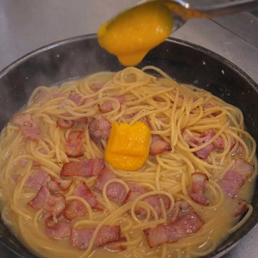 Un denso composto giallo-arancio di uova e formaggio versato su una padella di spaghetti e pancetta.