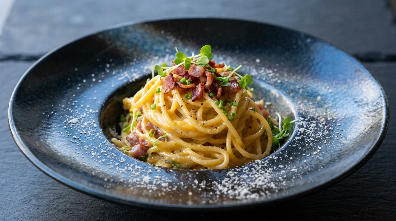 Pasta alla Carbonara con Pancetta e Aromi