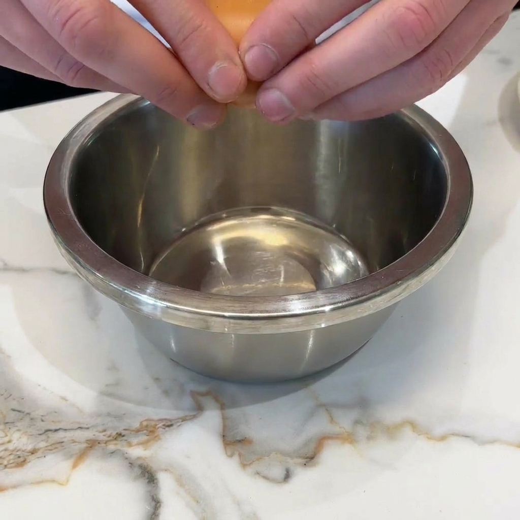 Uova fresche aperte in una ciotola di acciaio inox.