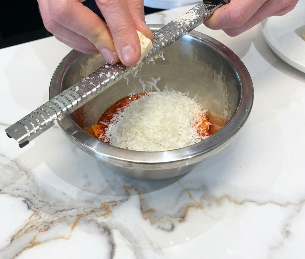 Pecorino grattugiato sopra le uova in una ciotola di metallo.