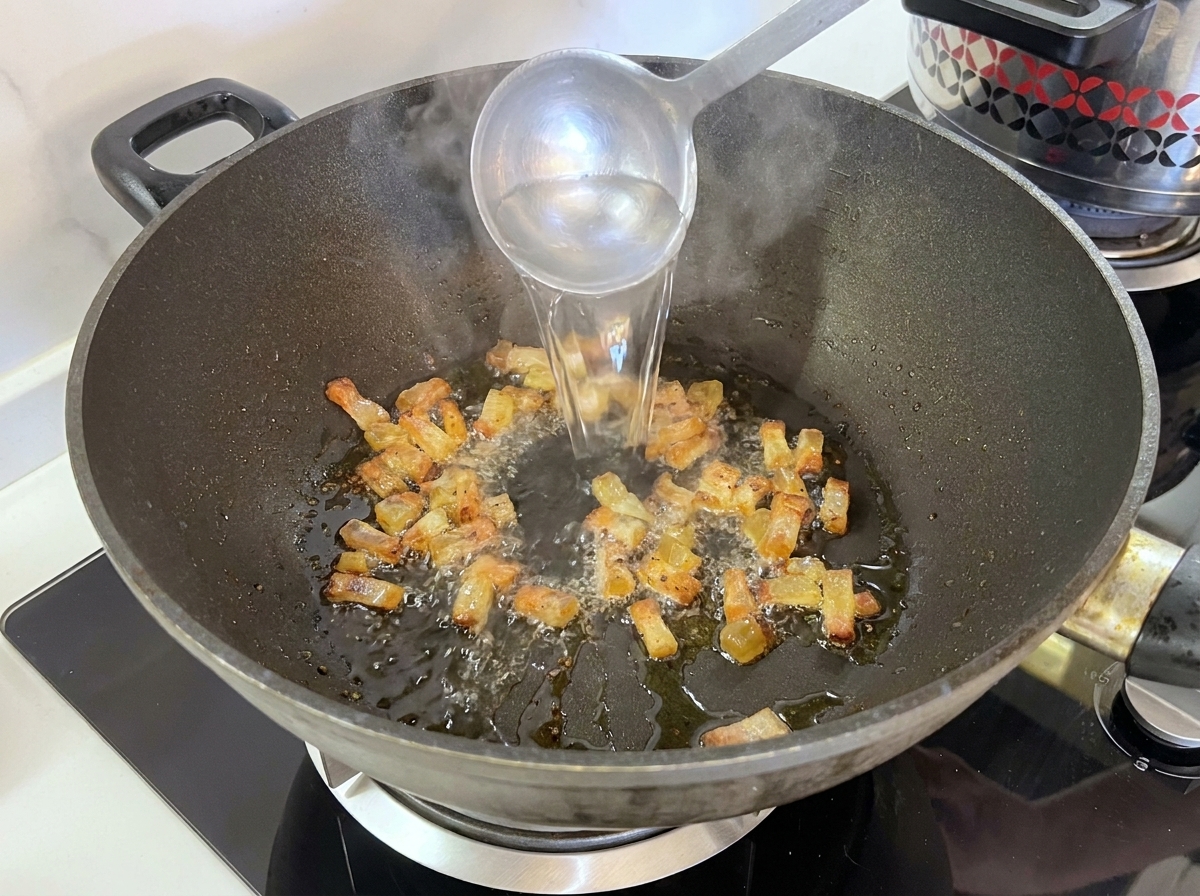 Acqua di cottura versata nella padella con il guanciale croccante.