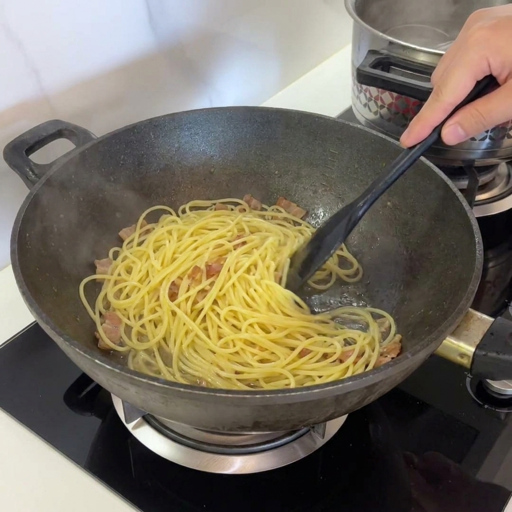 Spaghetti in padella su un fornello spento.