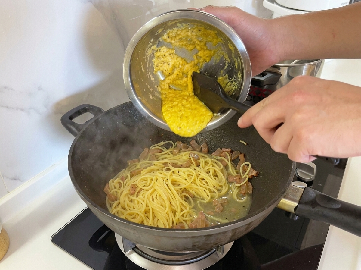 Composto di uova e pecorino versato sopra la pasta.