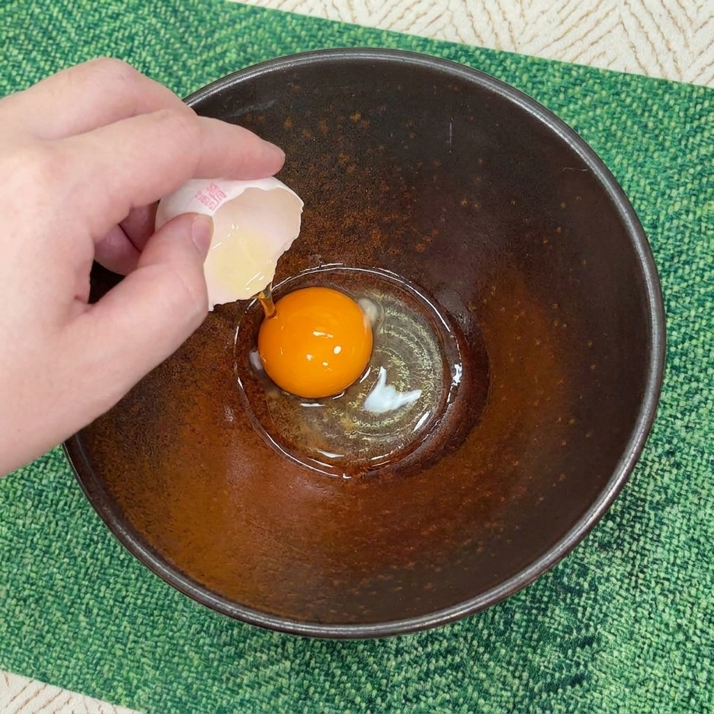 Una mano rompe un guscio duovo per far cadere un tuorlo crudo in una ciotola scura.