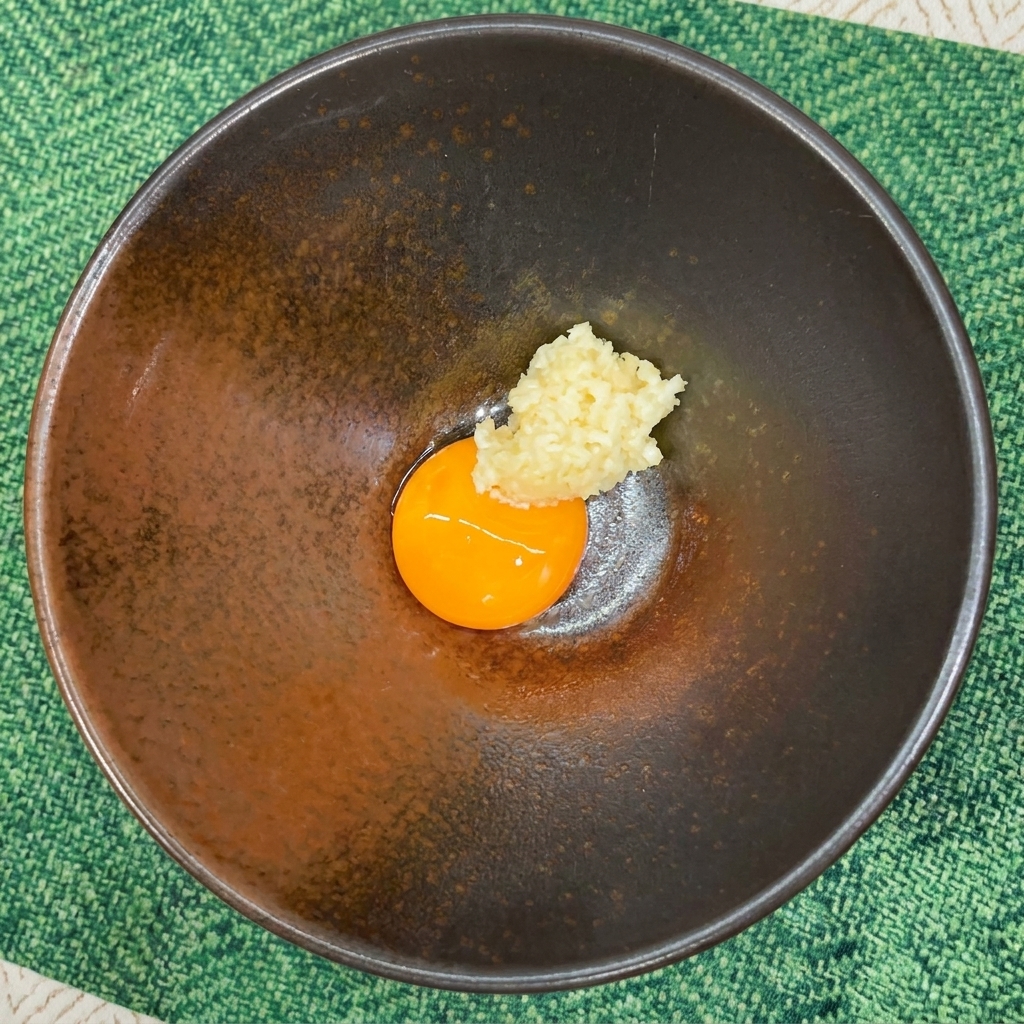 Un cucchiaino di aglio tritato posizionato accanto a un tuorlo duovo in una ciotola.