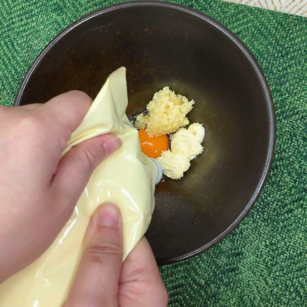 Mano che spreme maionese da un flacone in una ciotola con tuorlo duovo e aglio.