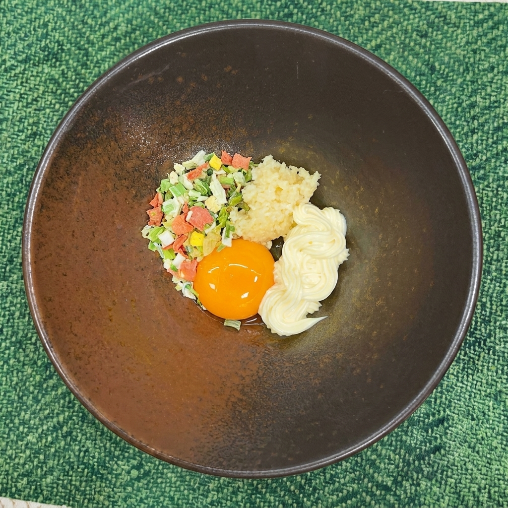 Verdure essiccate aggiunte alla ciotola contenente tuorlo, aglio, maionese e condimento.