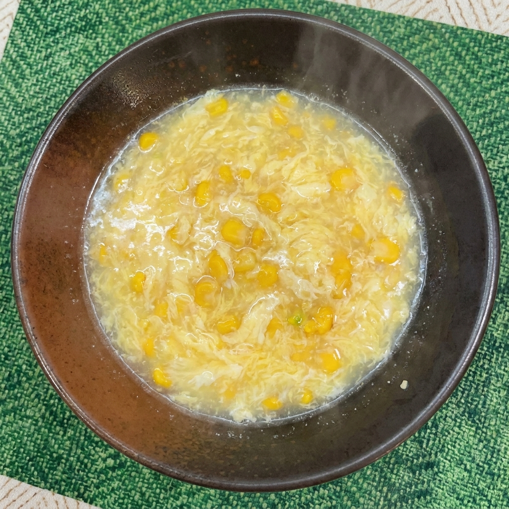 Un brodo cremoso giallo chiaro mescolato con mais dolce in una ciotola scura da portata.