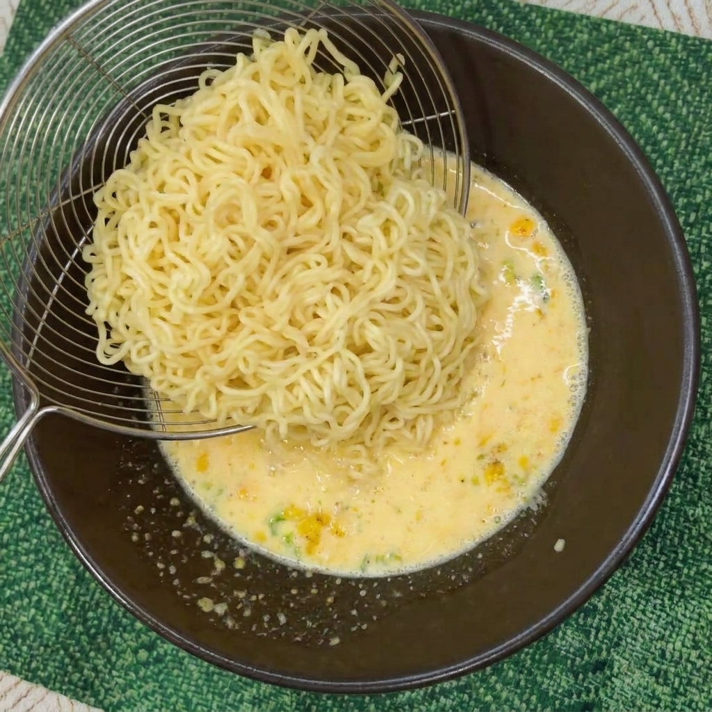 Un colino trasferisce una porzione di noodles istantanei in una ciotola con brodo cremoso al mais.