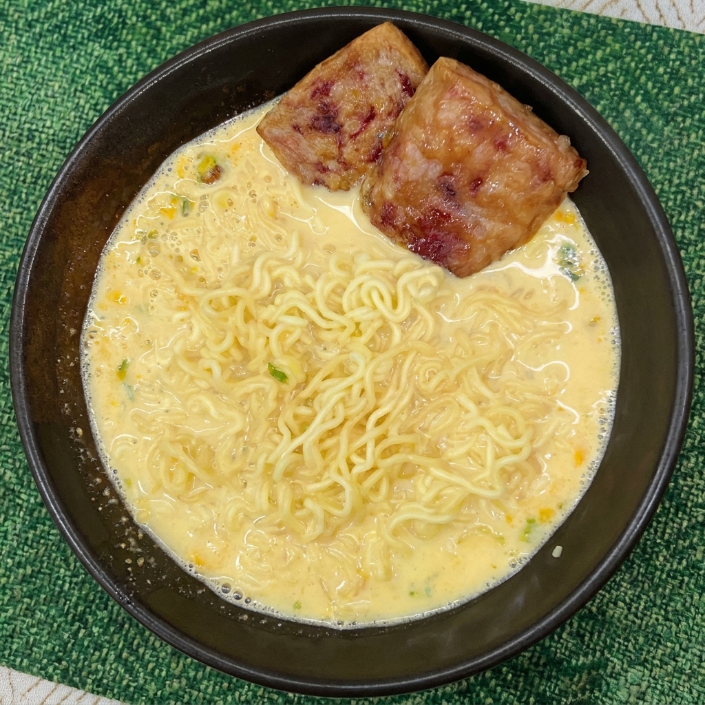 Due fette spesse e dorate di spam fritto posizionate sopra i noodles nel brodo cremoso.