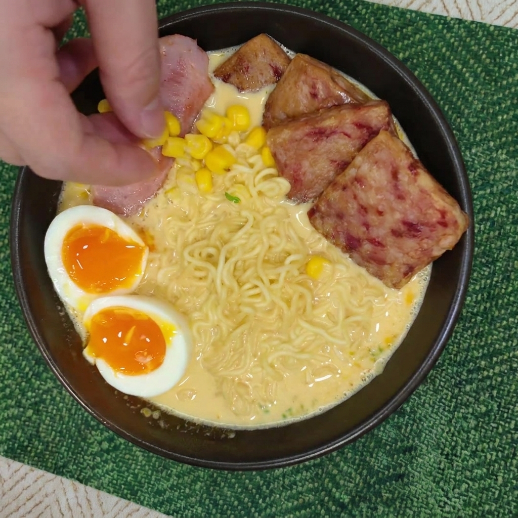 Dita che lasciano cadere chicchi di mais giallo in una ciotola di ramen cremoso guarnito con carne e uova.