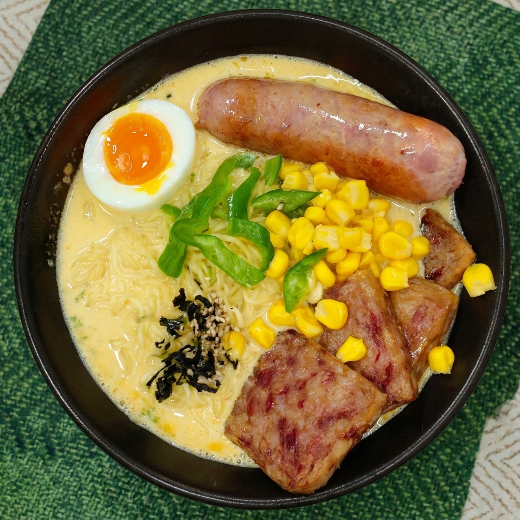 Vista dallalto di una ciotola di ramen completa, guarnita con alghe, semi di sesamo, peperoni, mais, salsiccia e uova.