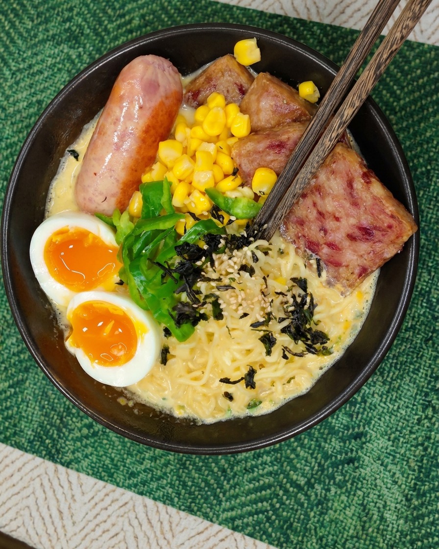 Bacchette di legno che sollevano una porzione di noodles dal brodo cremoso, circondate da spam, salsiccia e uovo.