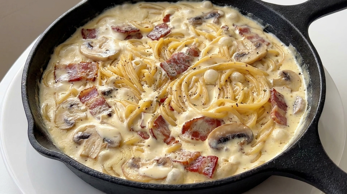 Pasta Cremosa con Funghi e Pancetta