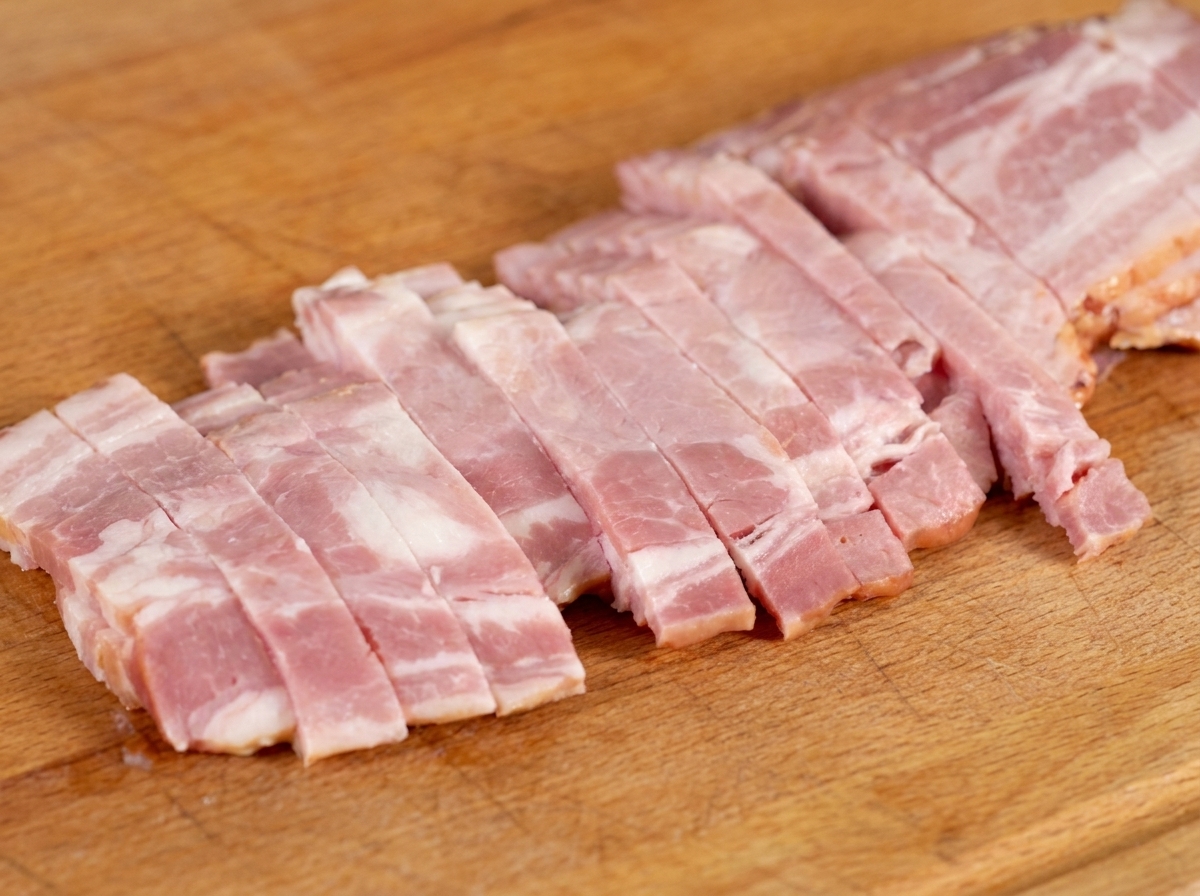 Fette di pancetta cruda tagliate a strisce su un tagliere di legno chiaro.