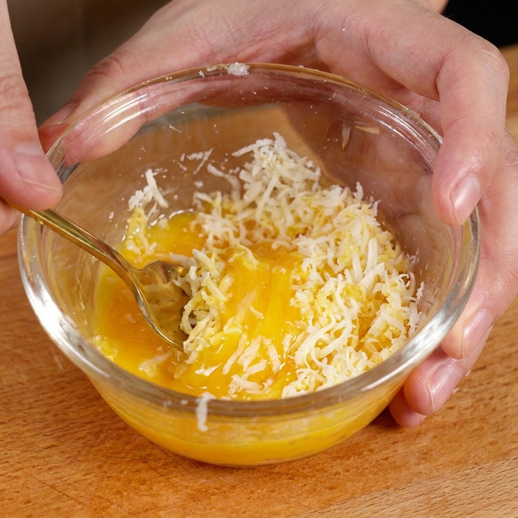 Una piccola ciotola con un tuorlo duovo giallo intenso mescolato con Parmigiano grattugiato usando un cucchiaio dorato.