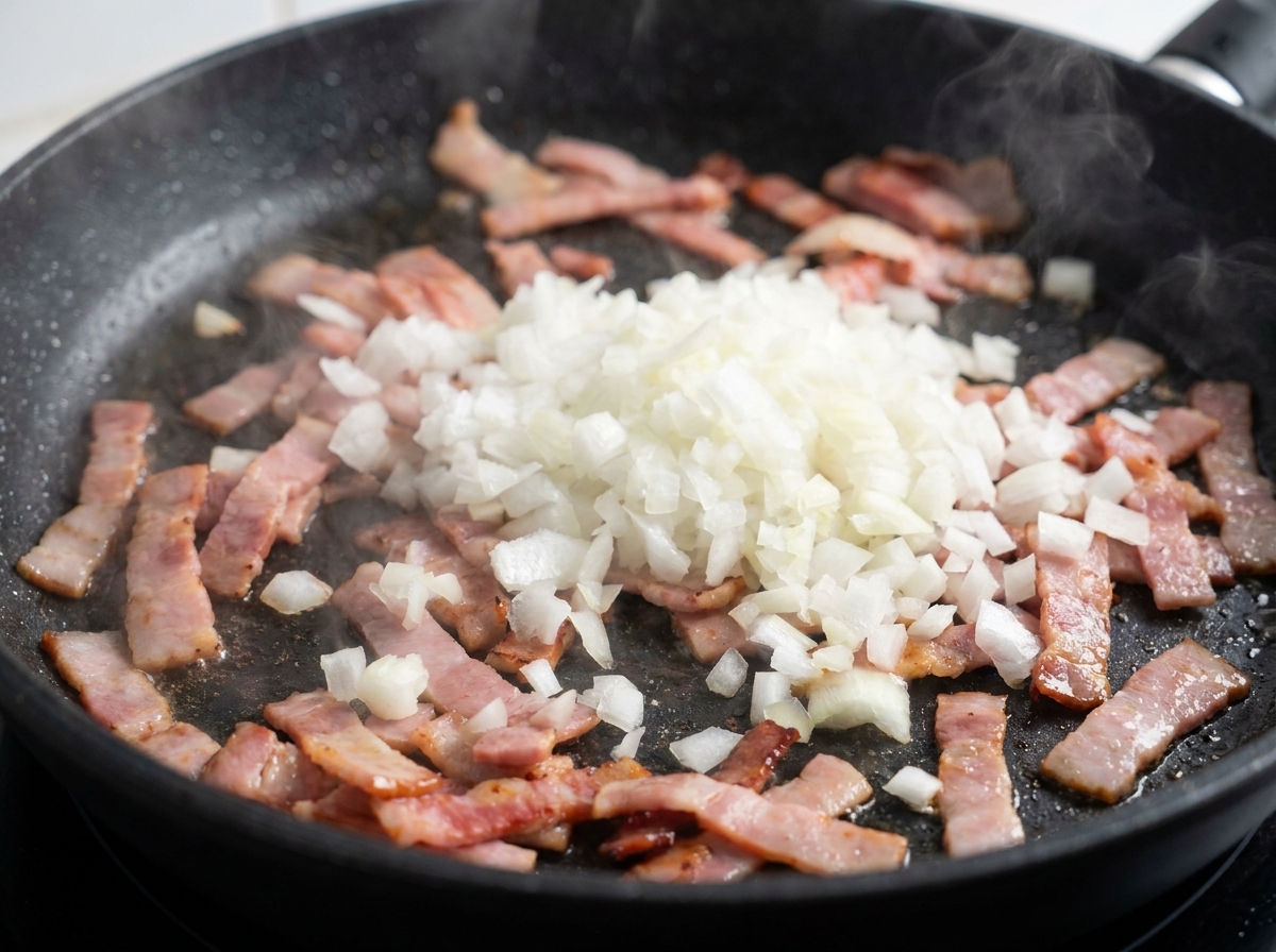 Cipolla tritata e aglio sopra la pancetta rosolata in una padella scura con vapore che sale.