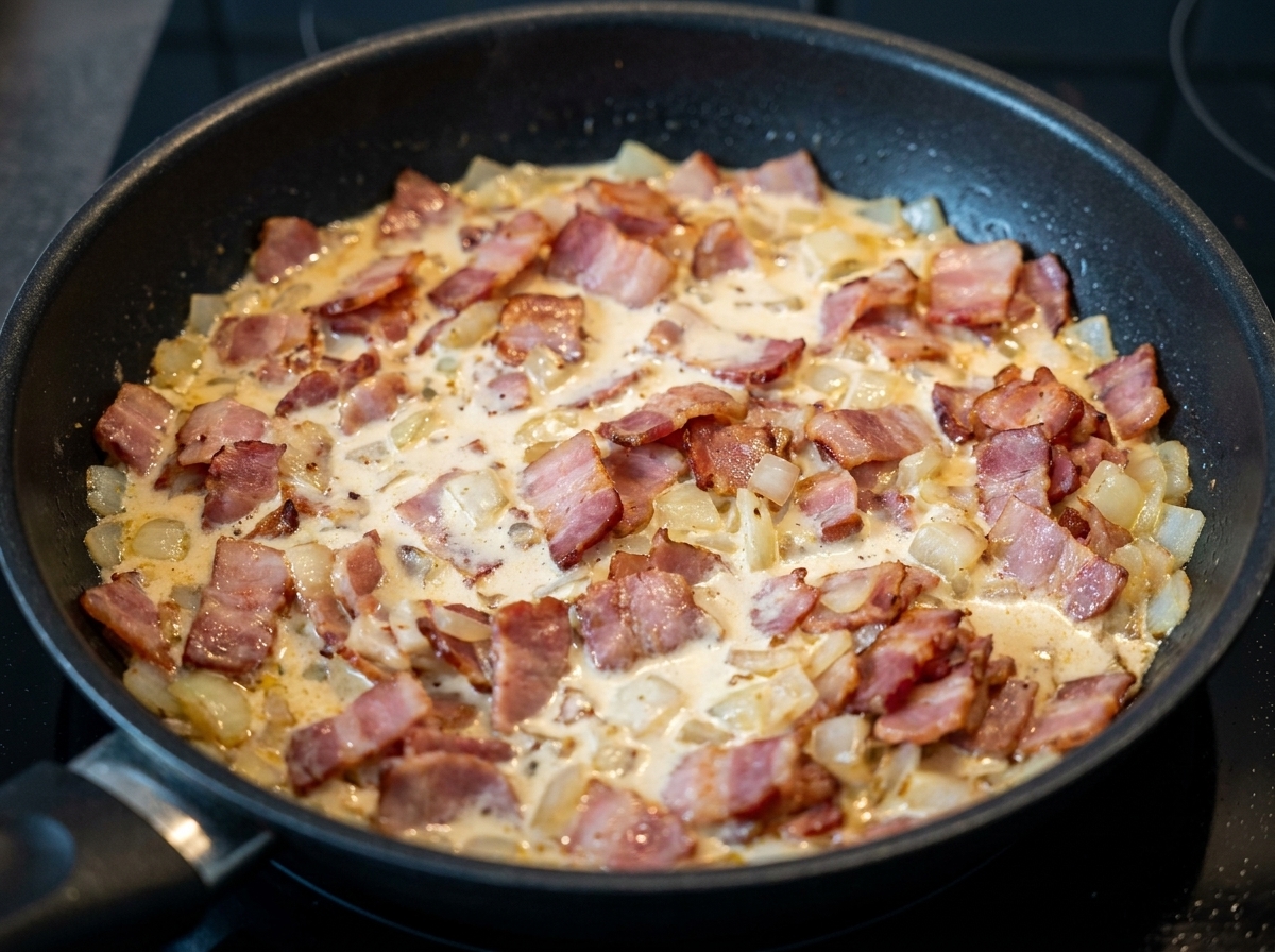 Panna che viene versata in una padella con pancetta croccante e cipolle soffritte.