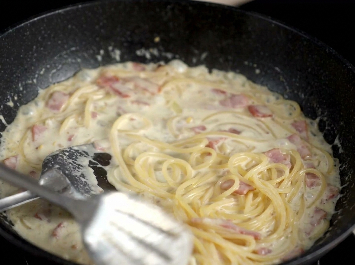 Spaghetti saltati in padella con una salsa densa e cremosa e pezzi di pancetta visibili.