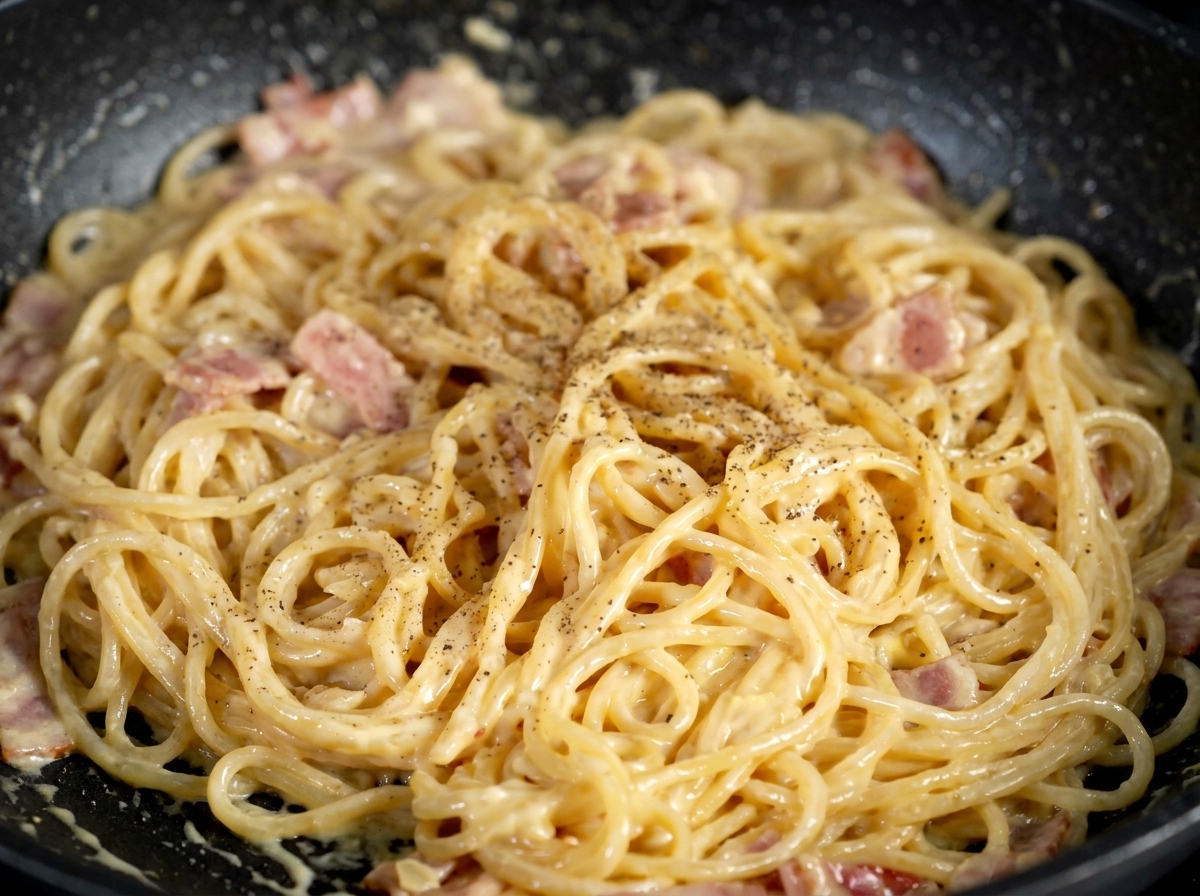 Primo piano di spaghetti cremosi sollevati con salsa densa e pezzetti di prezzemolo verde.