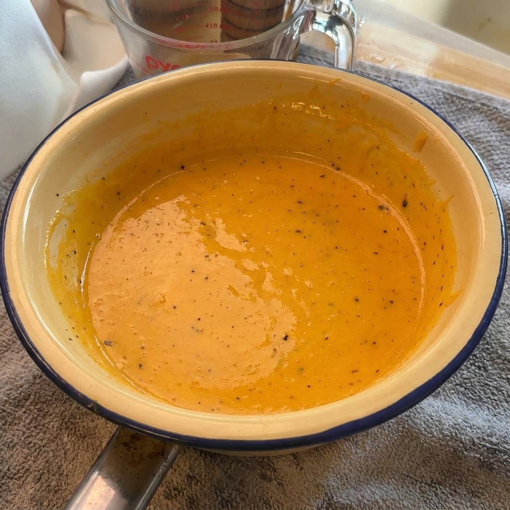 Una crema per carbonara densa e vibrante con grani di pepe nero in una ciotola chiara.