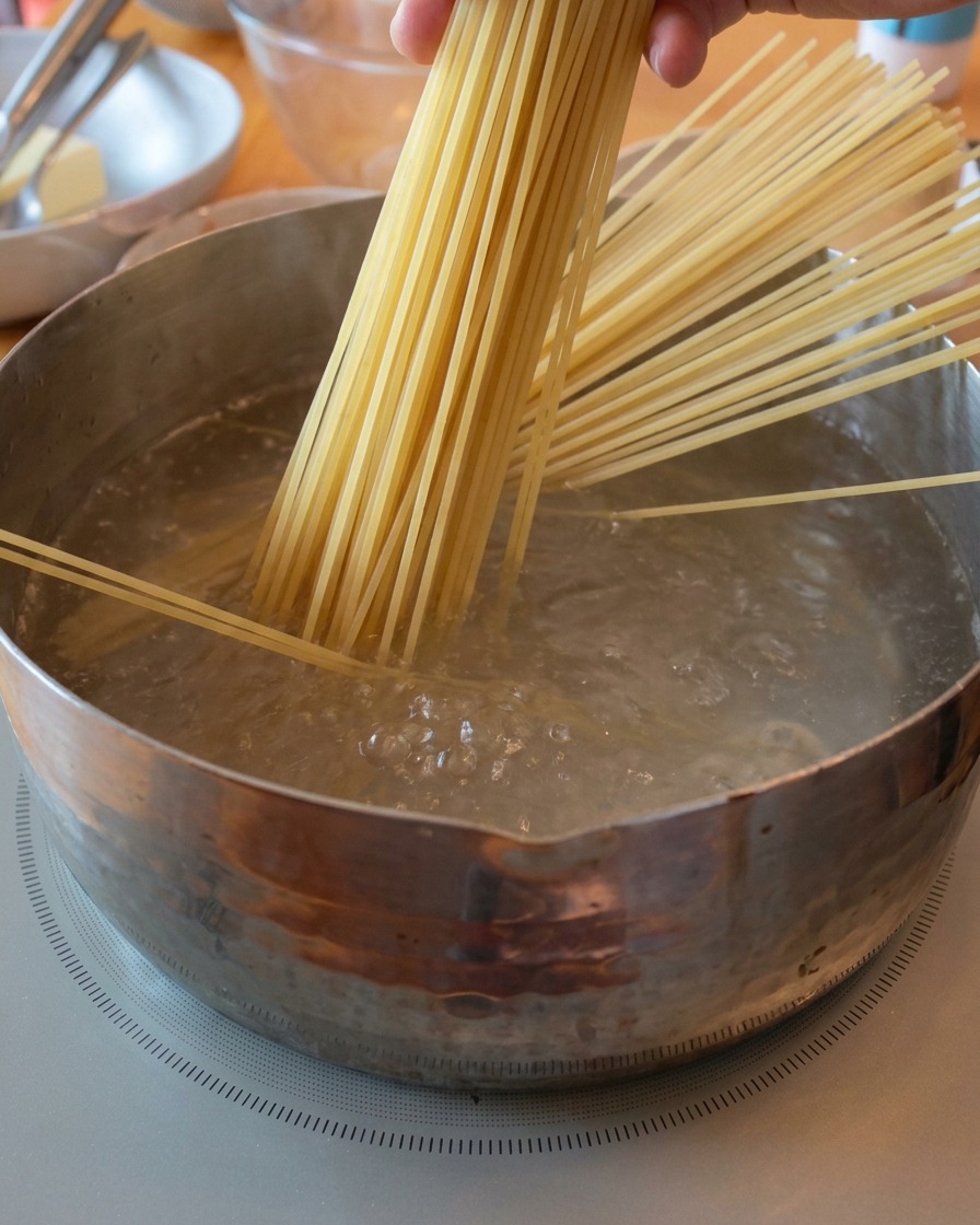 Una mano che tiene un mazzo di spaghetti in verticale sopra una pentola di acqua che bolle vivacemente.
