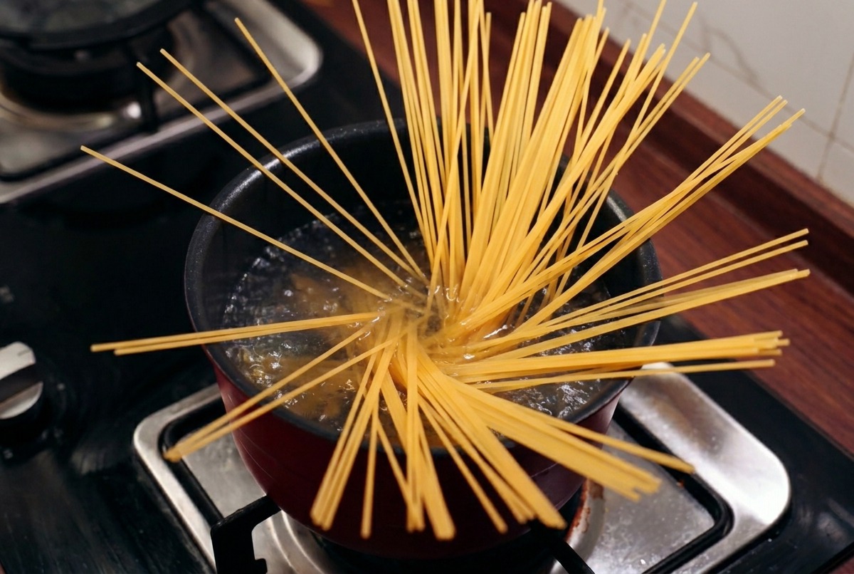 Un mazzo di spaghetti secchi disposti a raggiera in una pentola di acqua bollente.