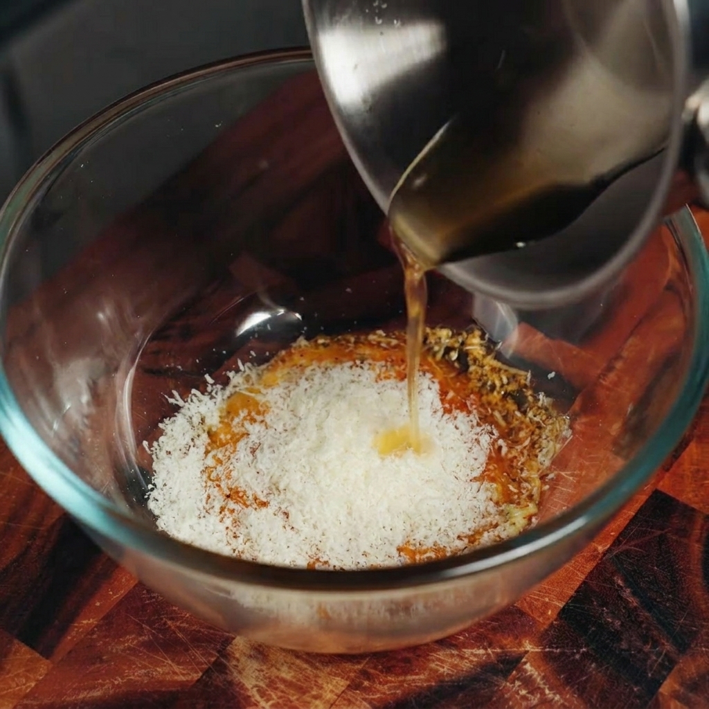 Grasso dorato della pancetta versato da un pentolino in una ciotola con il composto di uova e formaggio.