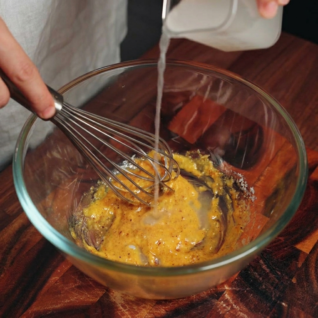 Una frusta di metallo che mescola la salsa gialla mentre viene aggiunta lacqua della pasta.