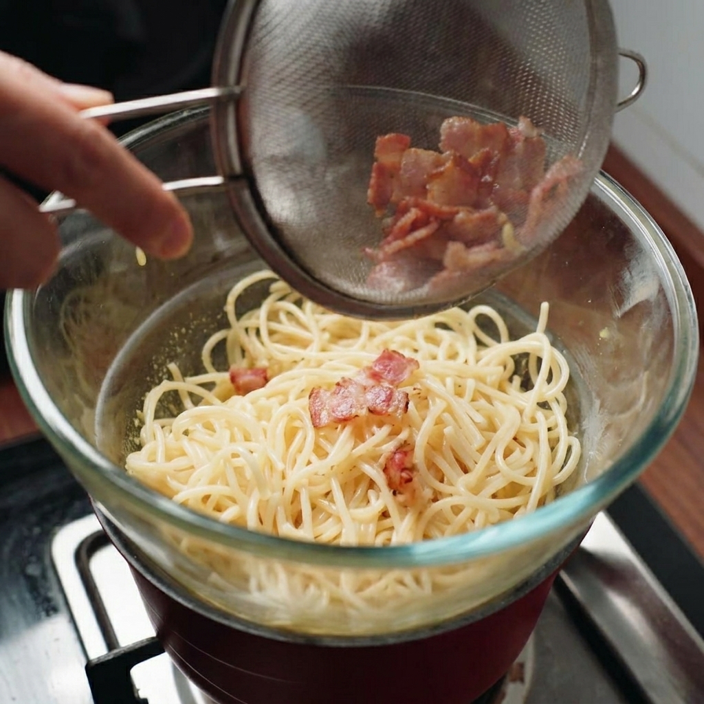 Pezzetti di pancetta versati da un colino in una ciotola di spaghetti e crema duovo.