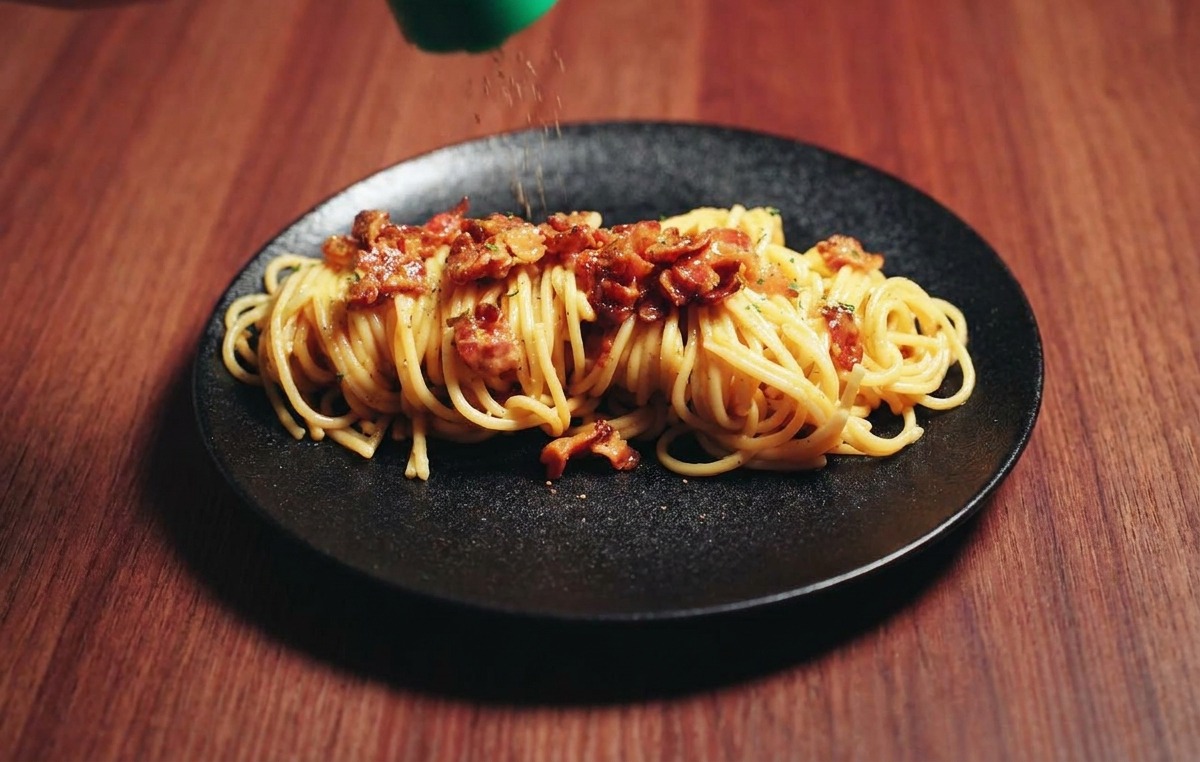 Pepe nero macinato fresco spolverato sopra una porzione cremosa di spaghetti alla carbonara.