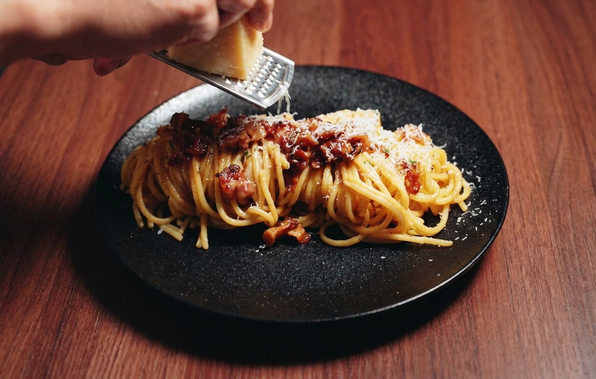 Una mano che grattugia Parmigiano fresco sopra un piatto di spaghetti alla carbonara.