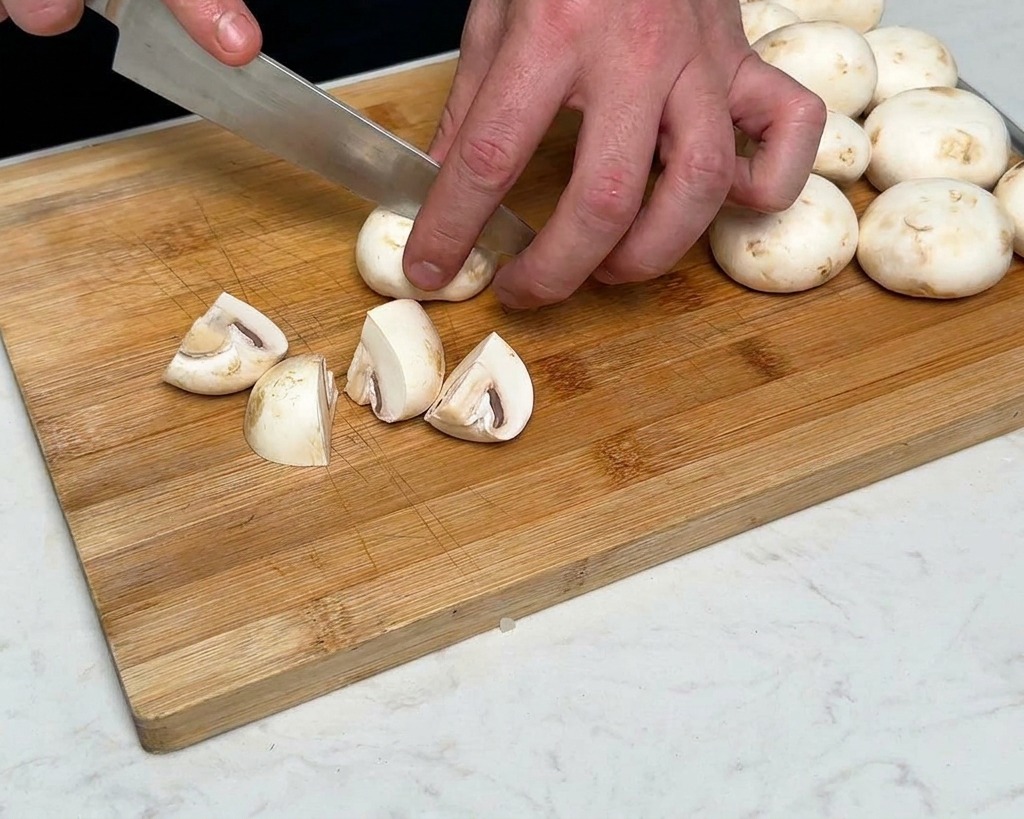 Una persona che usa un coltello da chef per tagliare i funghi bianchi freschi in quattro parti su un tagliere di legno.