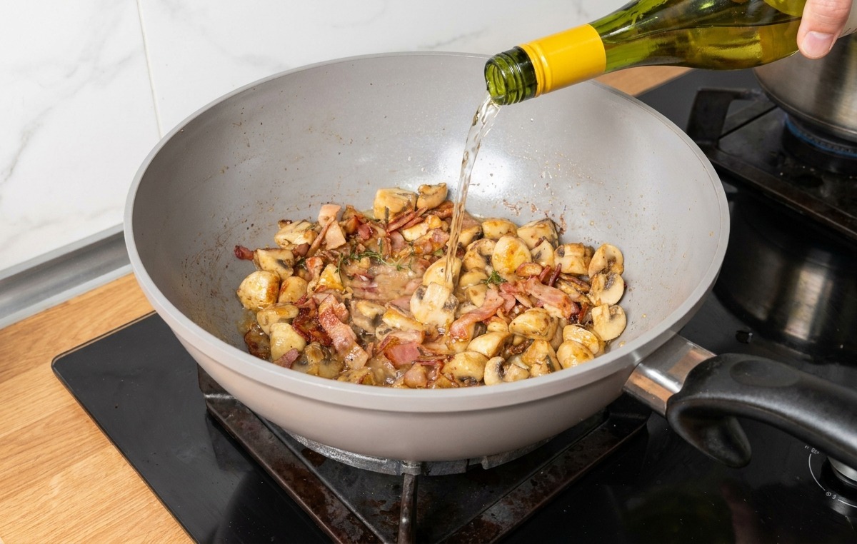 Vino bianco versato da una bottiglia verde in una padella contenente funghi e pancetta.
