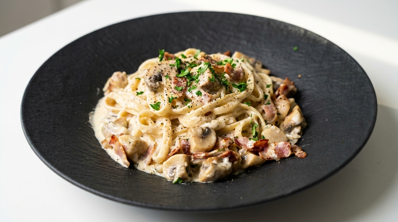 Pasta Cremosa con Pancetta e Funghi