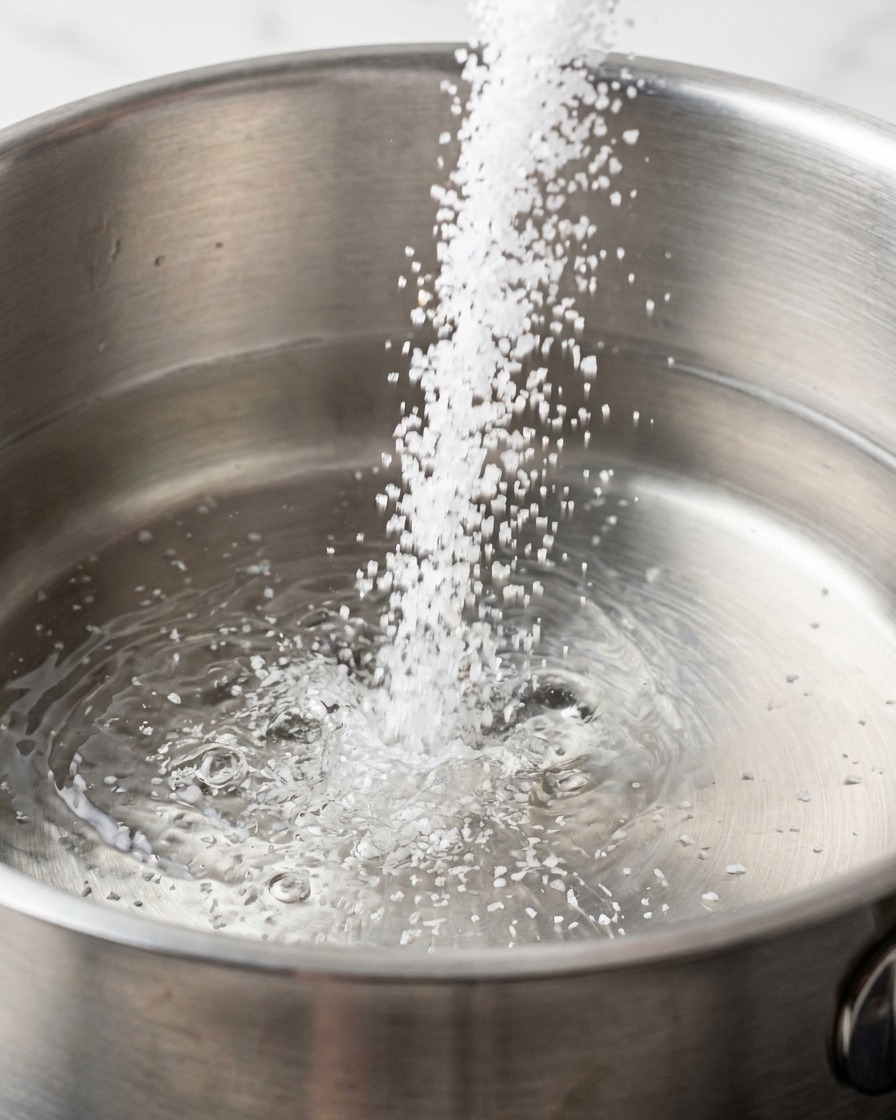 Un flusso di sale marino versato in una pentola dacciaio piena dacqua che bolle.