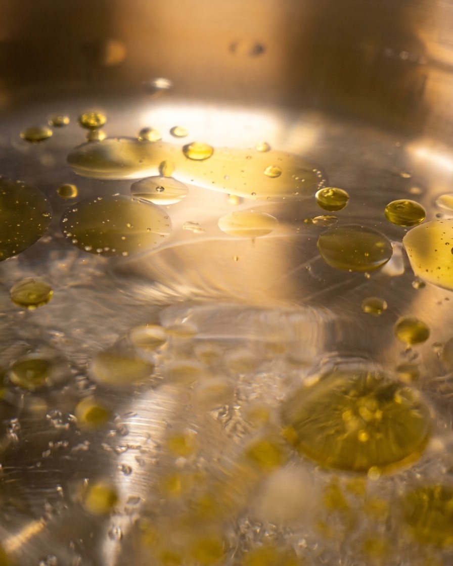 Gocce dorate di olio doliva che galleggiano sulla superficie dellacqua bollente.
