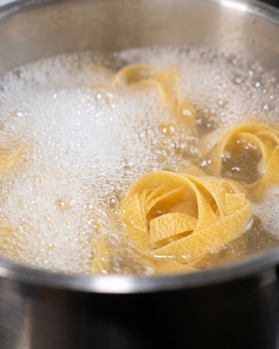 Nidi di fettuccine che cuociono in acqua bollente con schiuma bianca in superficie.