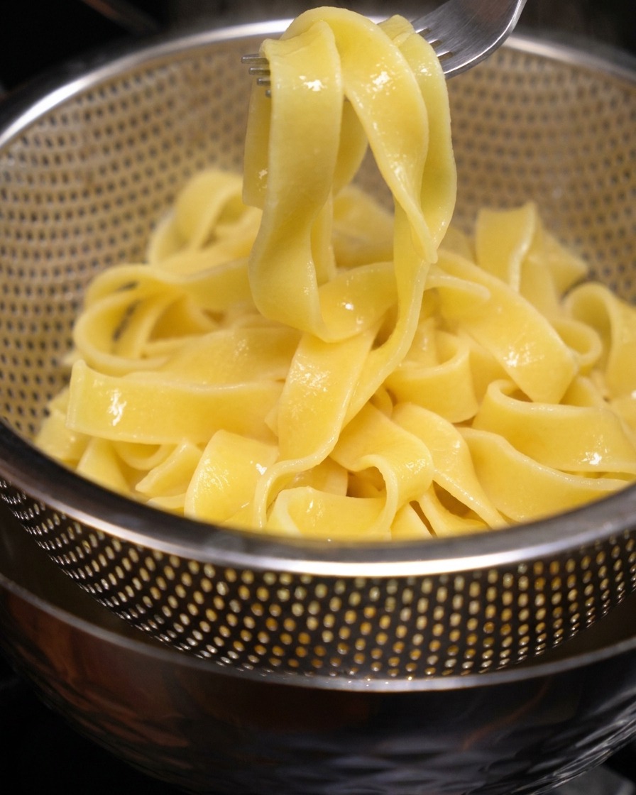 Fettuccine larghe e gialle appena scolate in uno scolapasta sopra una ciotola.