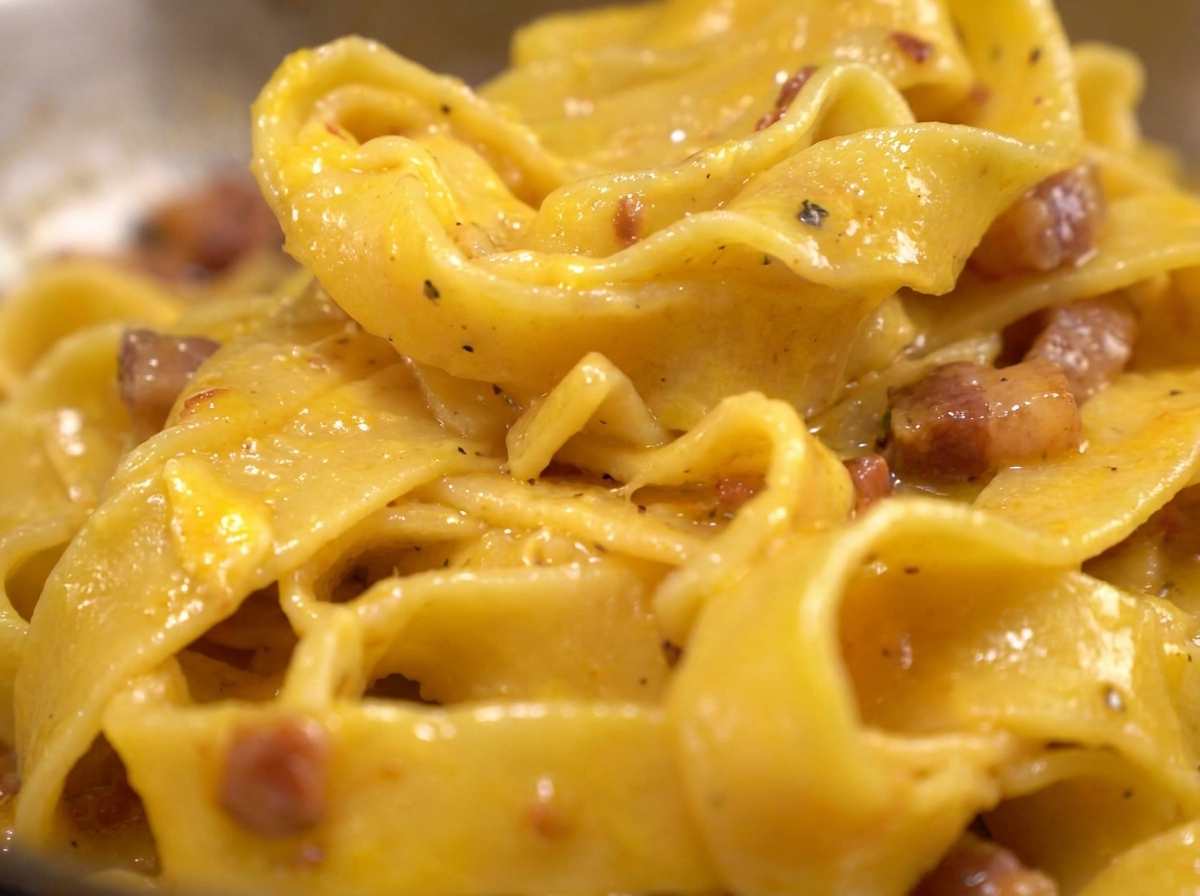 Primo piano di fettuccine avvolte in una salsa dorata e ricca, con pezzi di pancetta e pepe nero visibili.