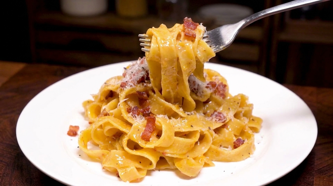 Fettuccine alla Carbonara con Pancetta e Crema di Tuorli