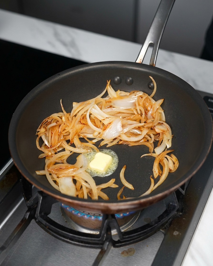 Cipolle saltate in una padella antiaderente con un cubetto di burro giallo che si scioglie al centro sopra la fiamma di un fornello a gas.